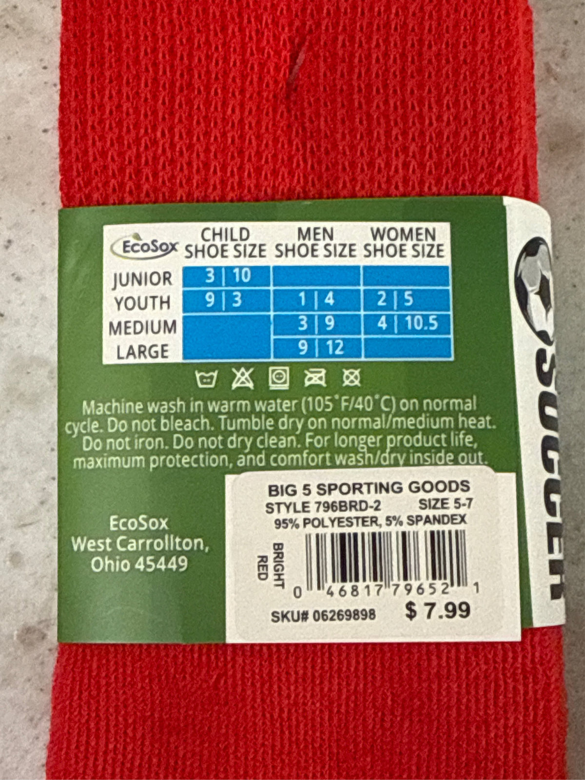 EcoSox Premier Over-the-Calf Soccer Socks, Bright Red, 2-Pack, Size 5–7