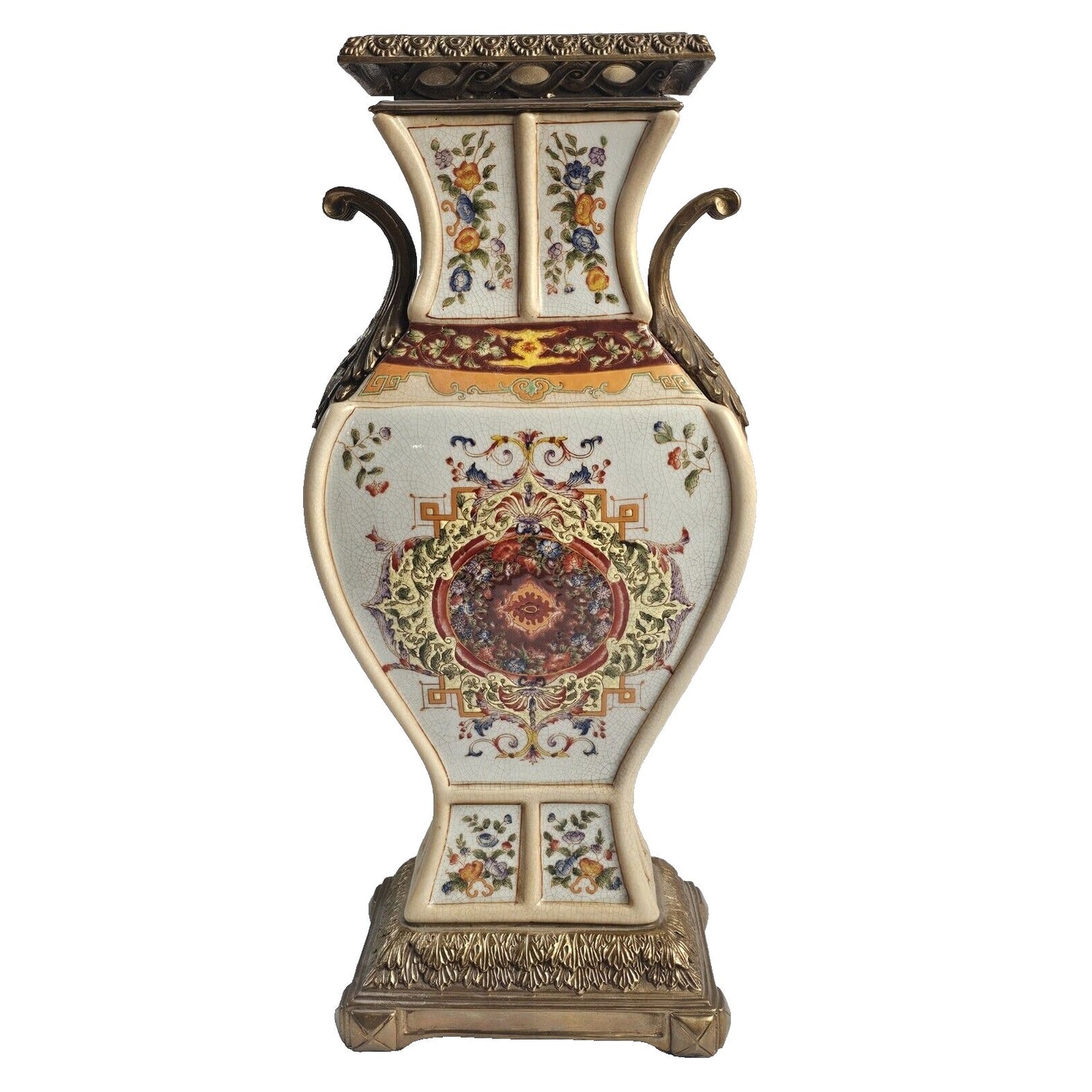 Large Vintage Castilian Porcelain & Brass Vase