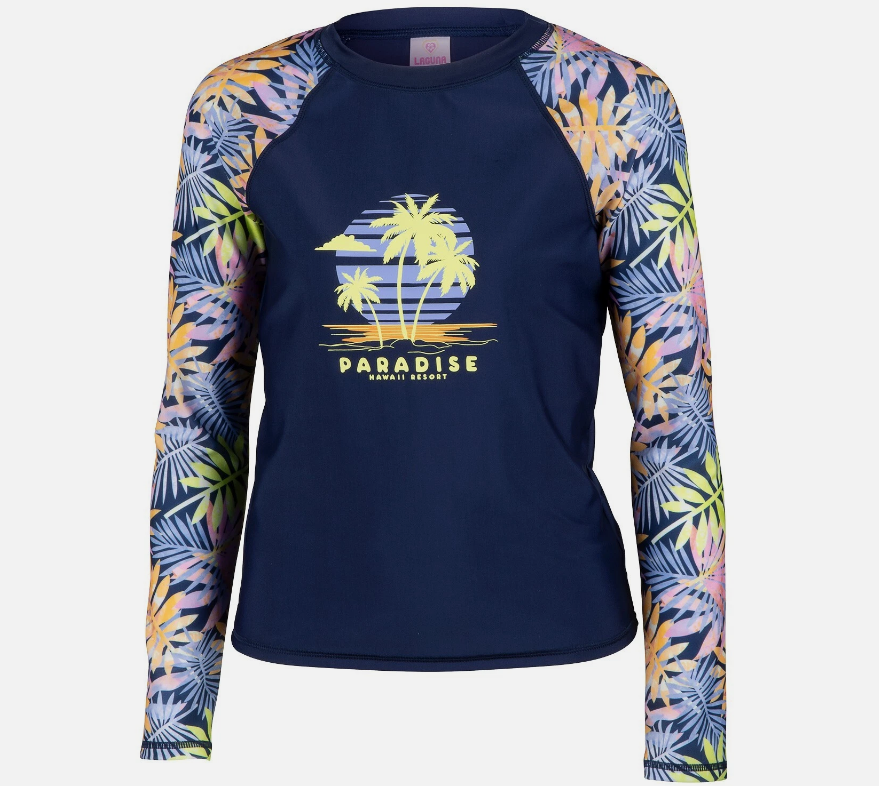 Laguna Girls' Long-Sleeve Rash Guard Swim Tee - Palm Leaves Navy Combo, Size L (14)
