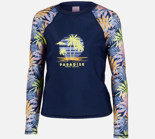 Laguna Girls' Long-Sleeve Rash Guard Swim Tee - Palm Leaves Navy Combo, Size L (14)