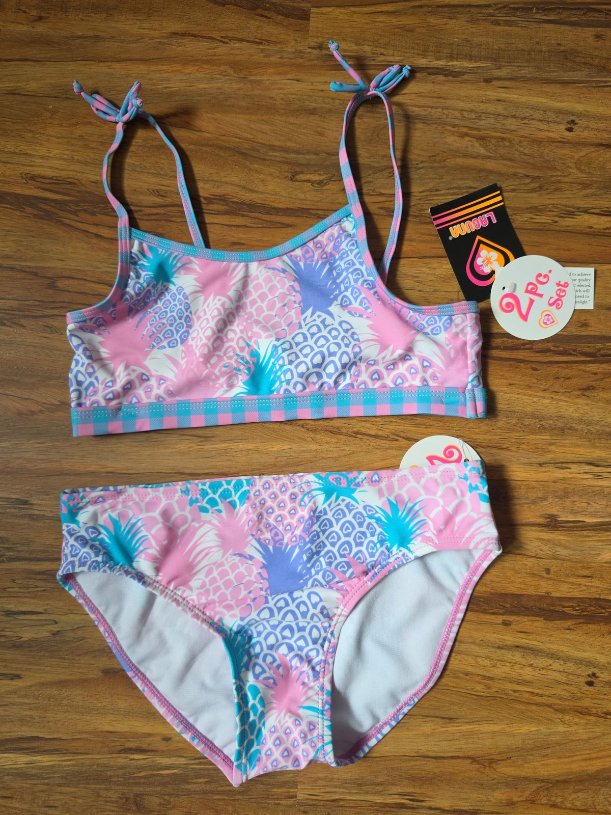 Laguna Girls' 2-Piece Pineapple Floral Bikini Set, Light Blue, Size L