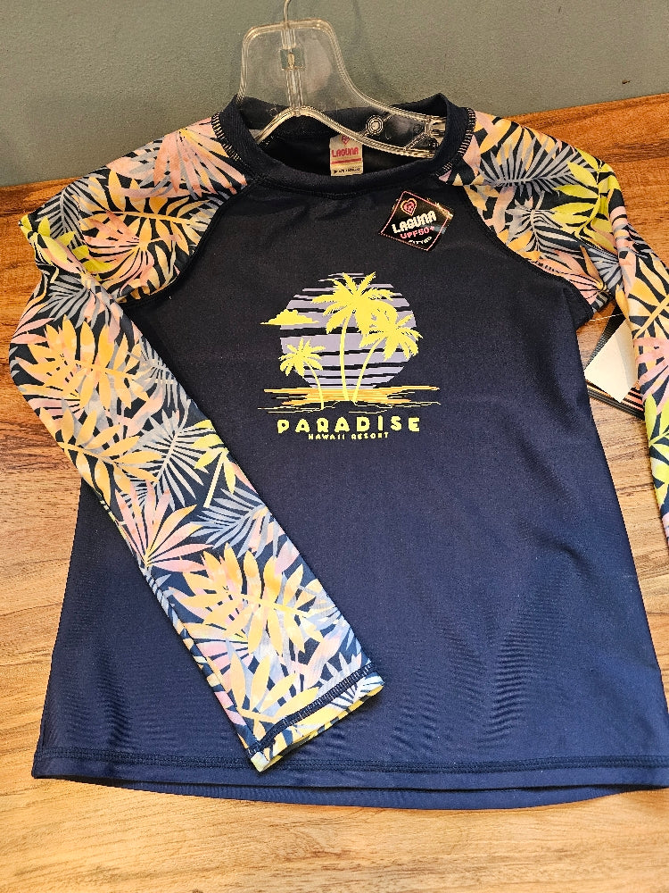 Laguna Girls' Long-Sleeve Rash Guard Swim Tee - Palm Leaves Navy Combo, Size L (14)