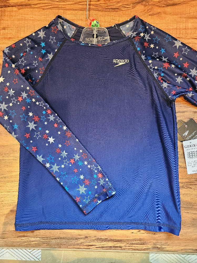 Speedo Girls' Long Sleeve Rashguard Swim Shirt - UPF 50+ Navy Print, Medium