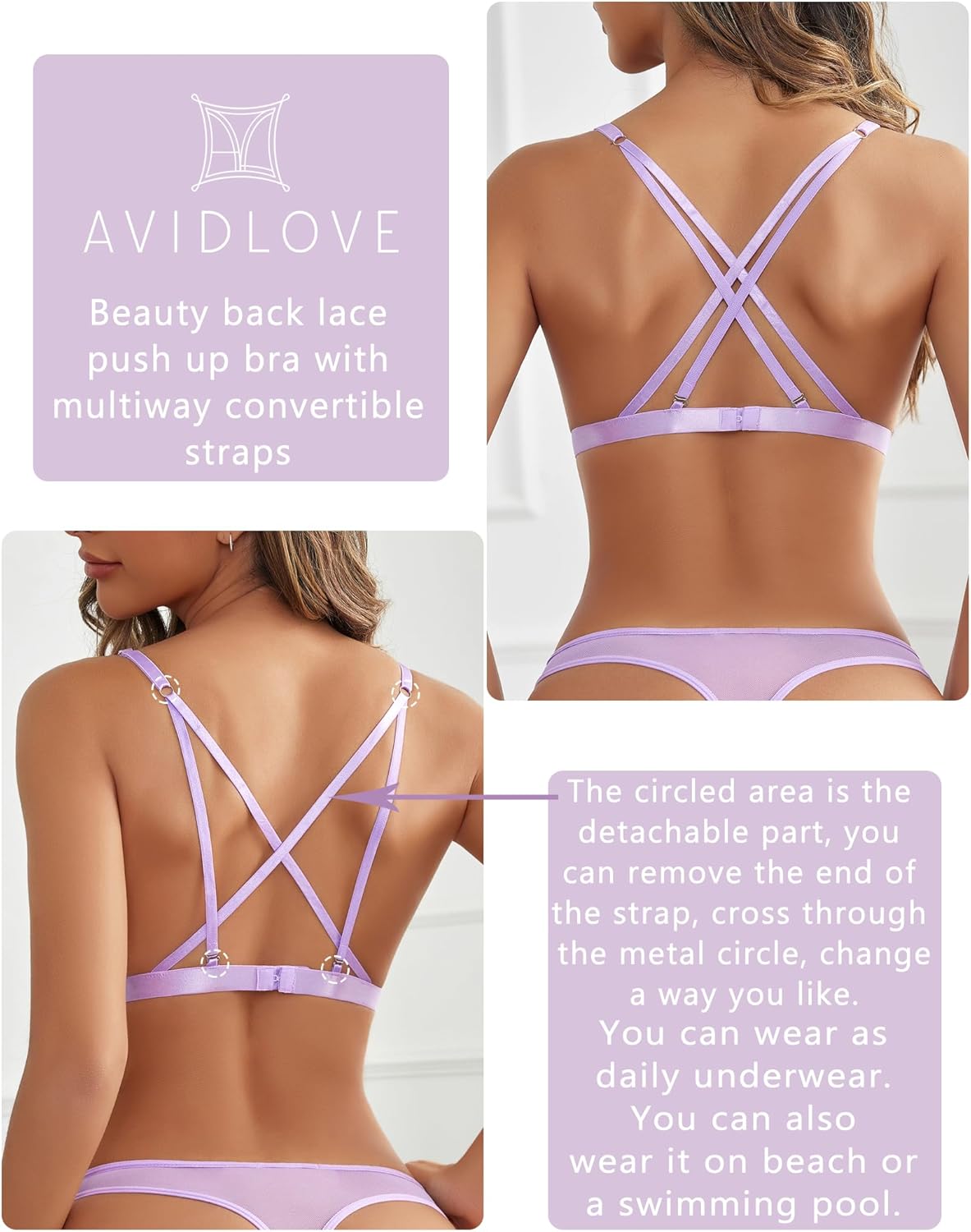 Avidlove Lingerie For Women Lace Bralette And Panty Set Underwear Bra Smoothing Bra And Hipster Purple-Medium