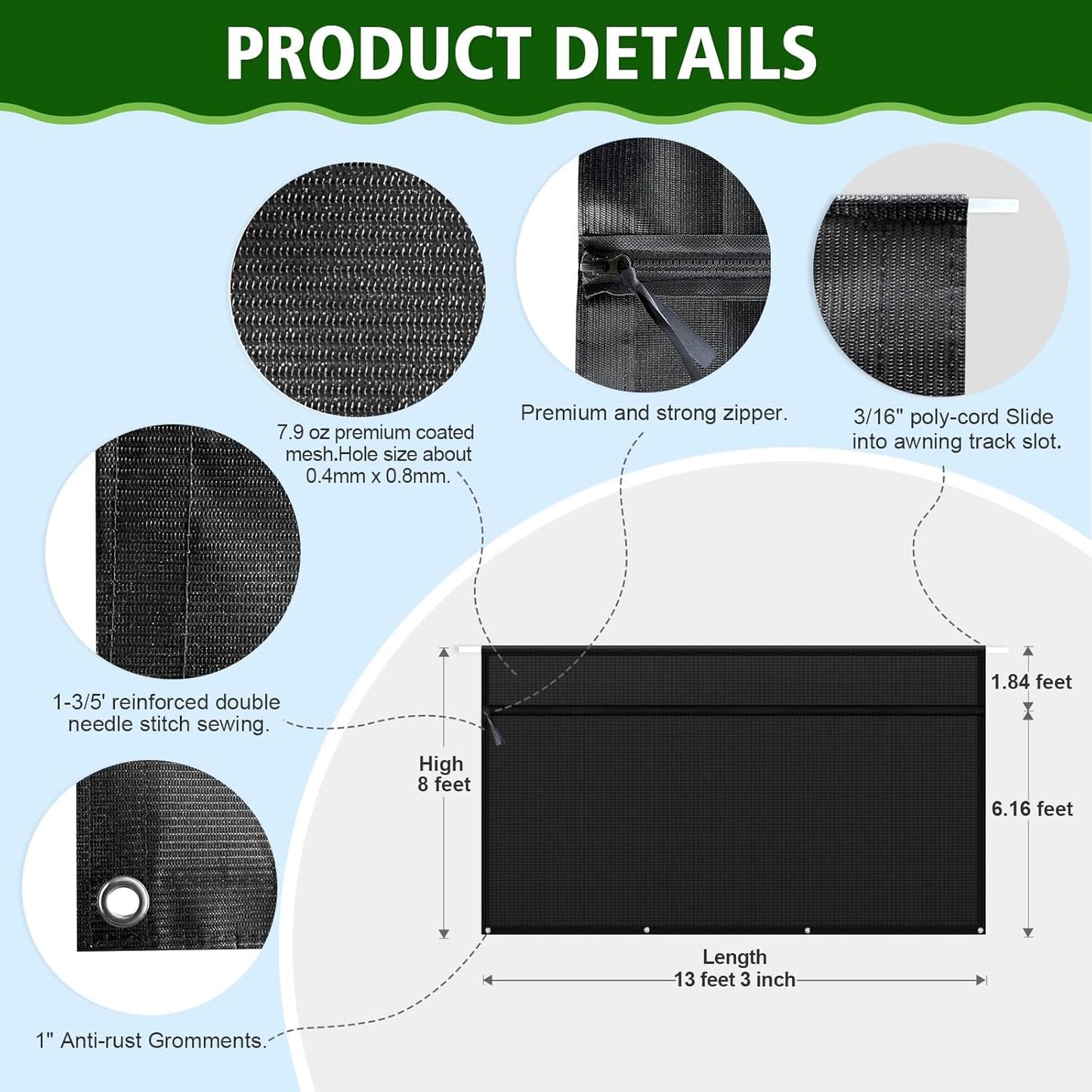 Dulepax RV Awning Shade Screen with Zipper 8'X13'3'' -Second Generation RV Awning Screen Significantly Improves Shadew and Privacy.Universal RV Awning Sun Shade Screen with Complete Kits