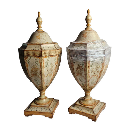 2 Large Vintage Hand Painted Lidded Vases French Country Style