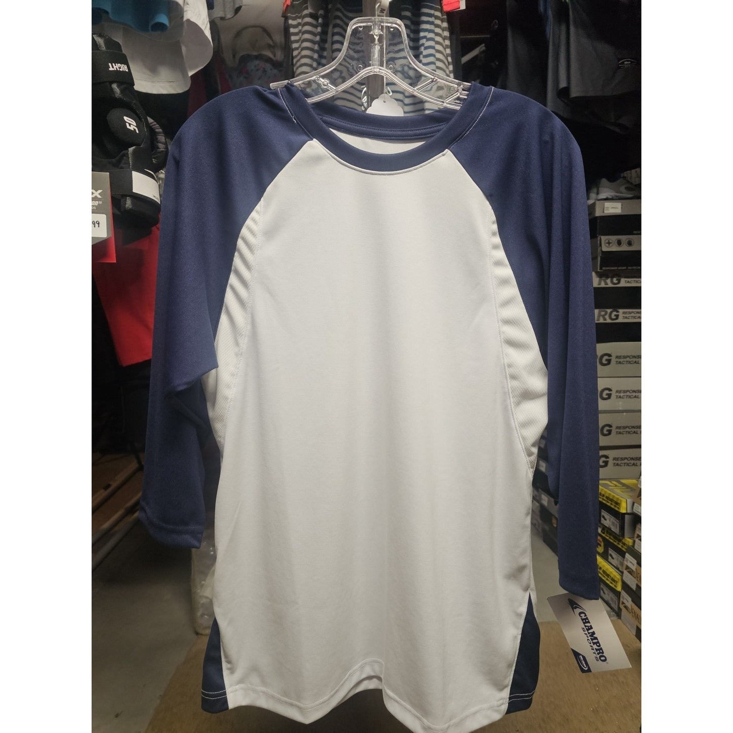 Champro Adult Dri-Gear Baseball/Softball 3/4 Sleeve Shirt, White/Navy- M, MD