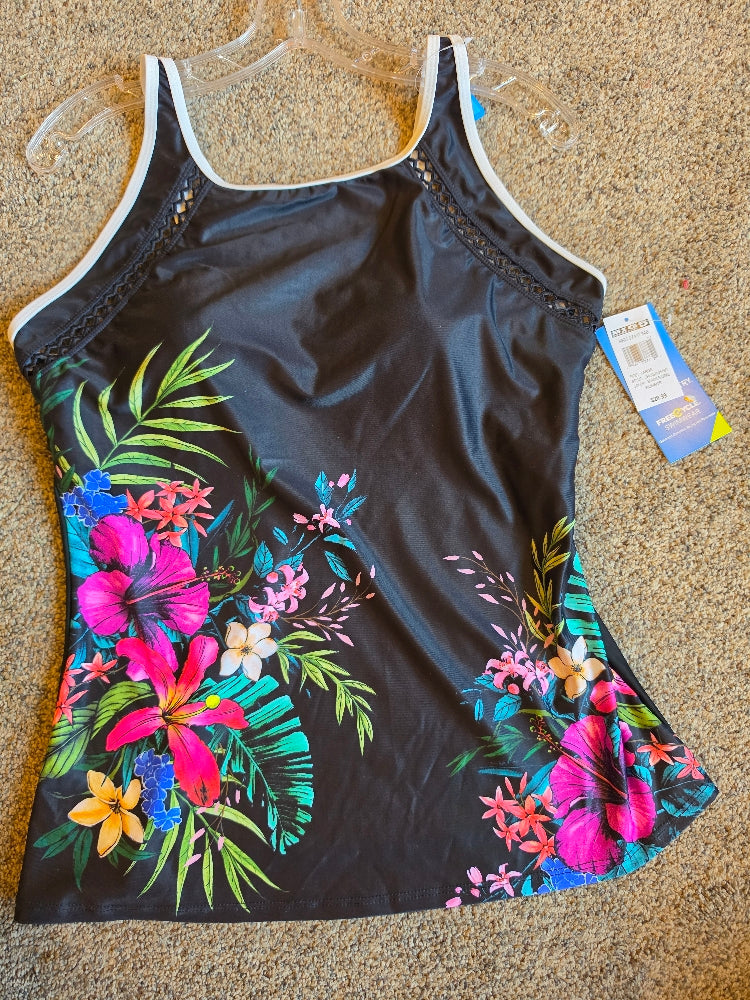 Free Country Women's High Neck Novelty Tankini Top - Black Floral, Size L