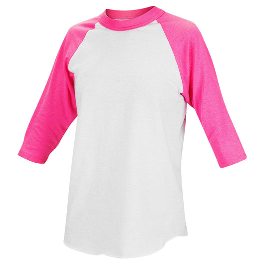 Soffe Youth 3/4 Sleeve Baseball/Softball Raglan Shirt, White/Pink - S