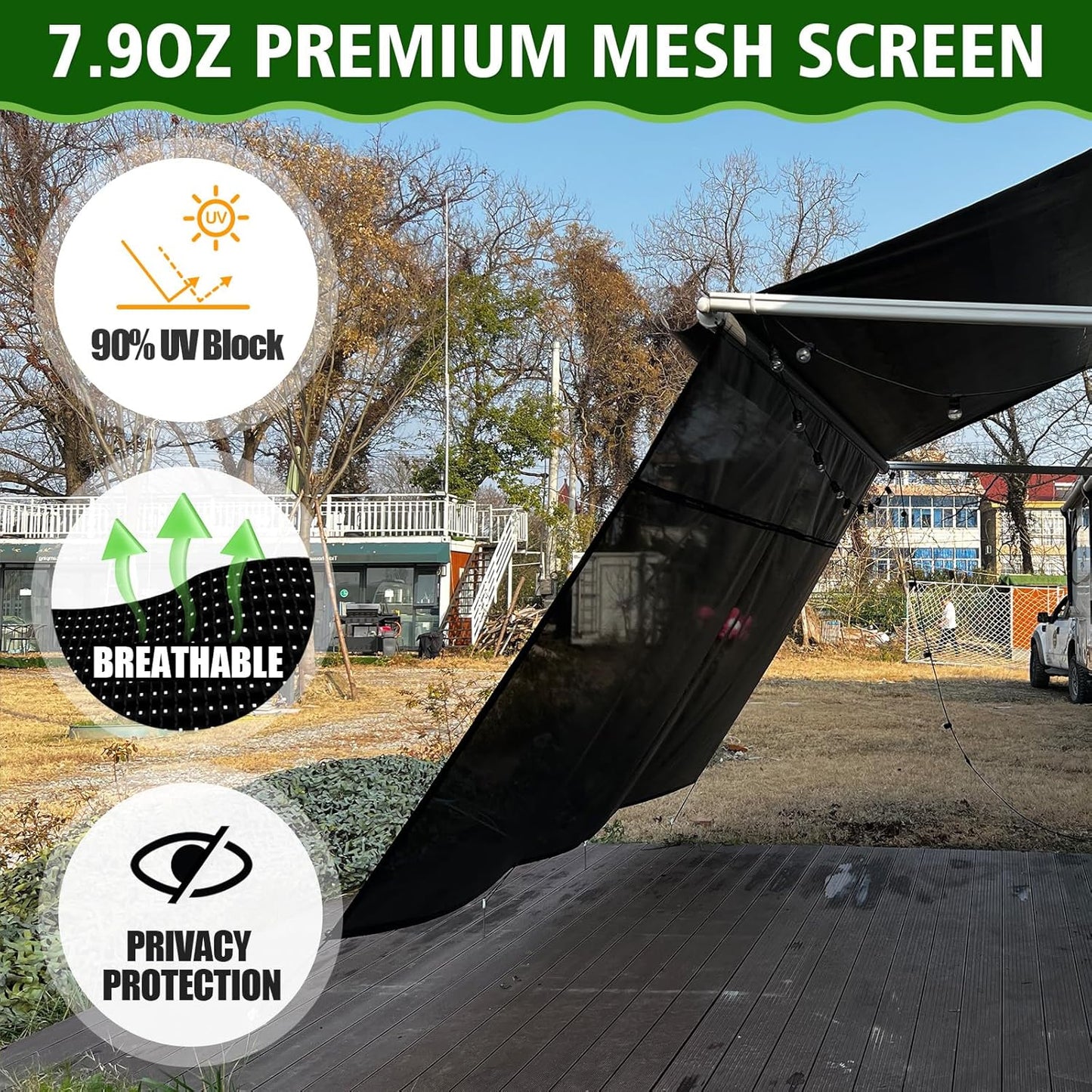 Dulepax RV Awning Shade Screen with Zipper 8'X13'3'' -Second Generation RV Awning Screen Significantly Improves Shadew and Privacy.Universal RV Awning Sun Shade Screen with Complete Kits
