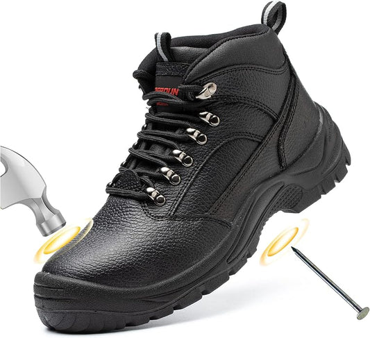 TAERDUN Men's Steel Toe Safety Work Shoes, Black - Size 9.5