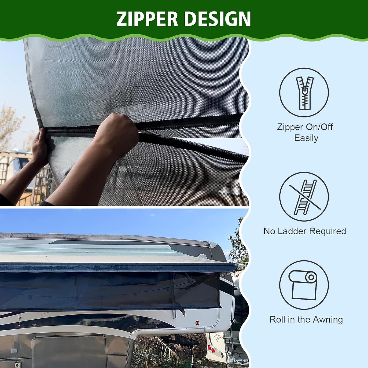 Dulepax RV Awning Shade Screen with Zipper 8'X13'3'' -Second Generation RV Awning Screen Significantly Improves Shadew and Privacy.Universal RV Awning Sun Shade Screen with Complete Kits