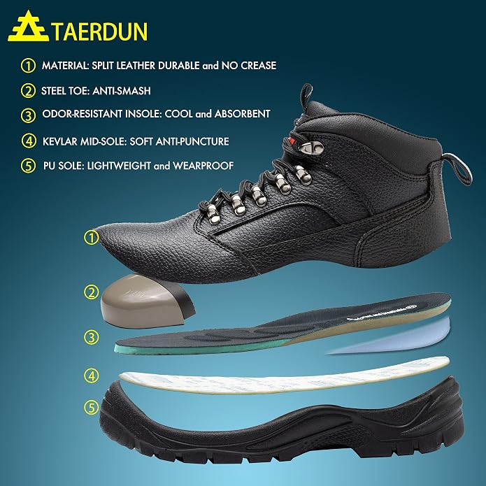 TAERDUN Men's Steel Toe Safety Work Shoes, Black - Size 9.5