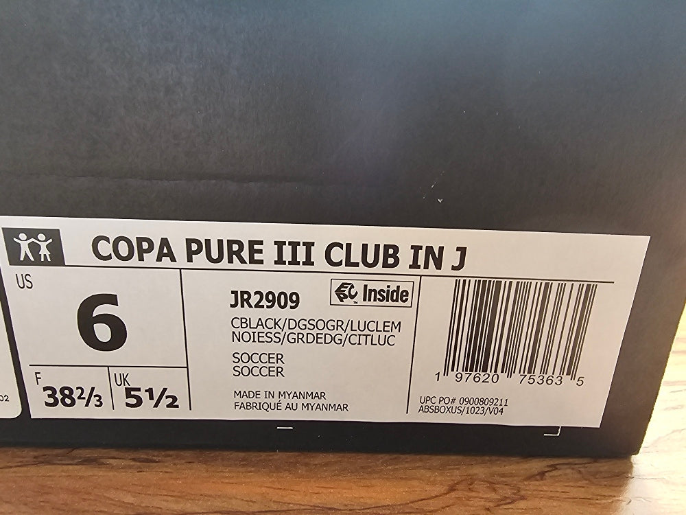 Adidas Copa Pure III Club Indoor Youth Soccer Shoes - Black/Multi, Size 6