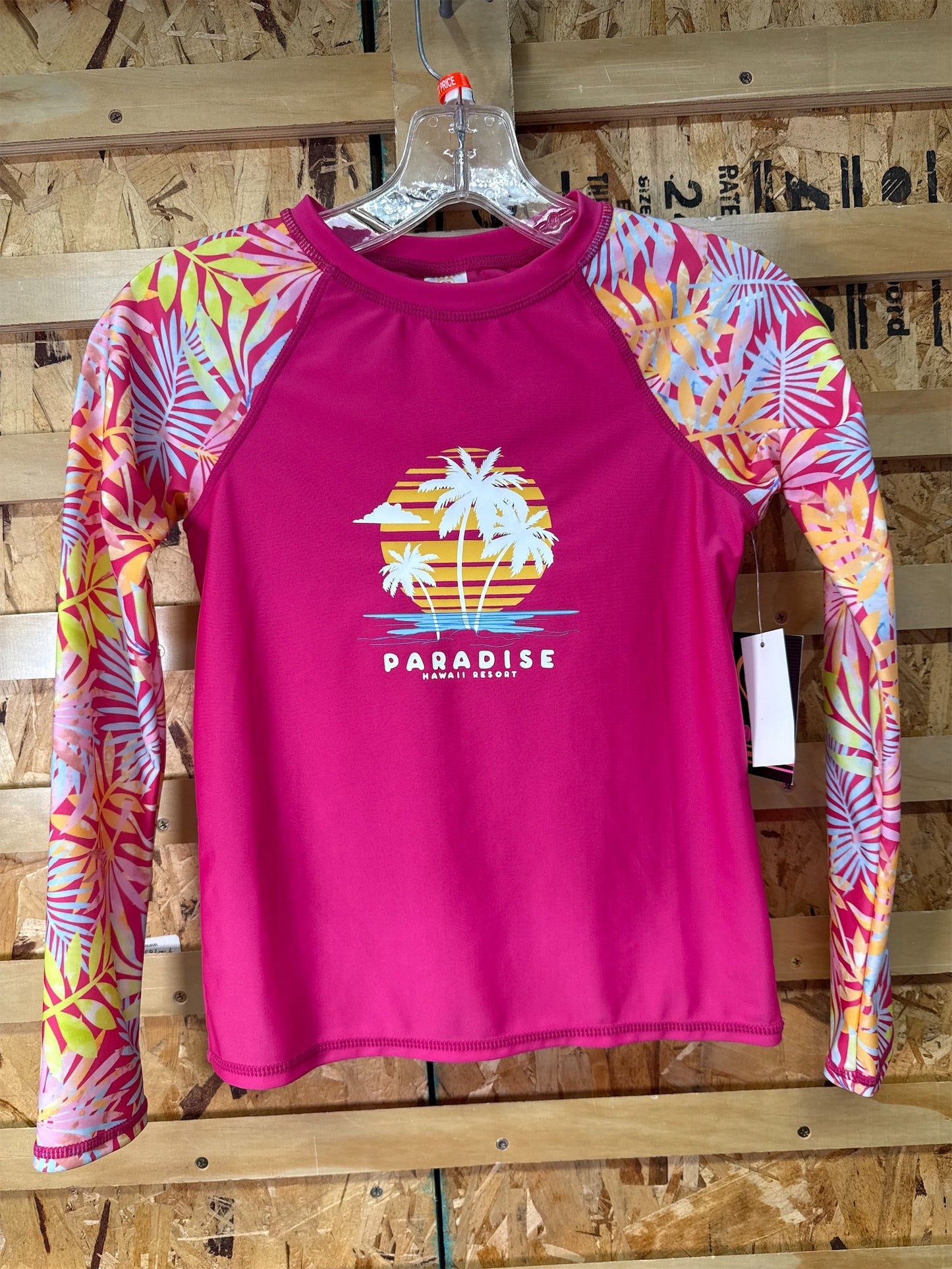 Laguna Girls' Long Sleeve Palm Leaf Rash Guard Swim Top - Coral Combo, Size L (14)