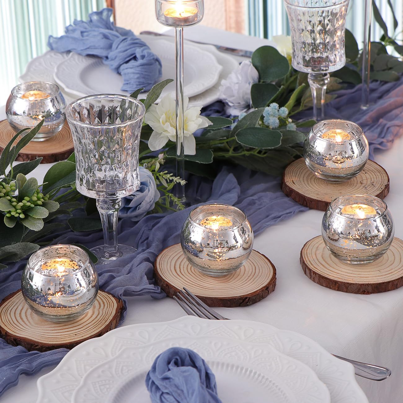 24 Silver Votive Candle Holders Table Centerpieces Speckled Round Mercury Glass