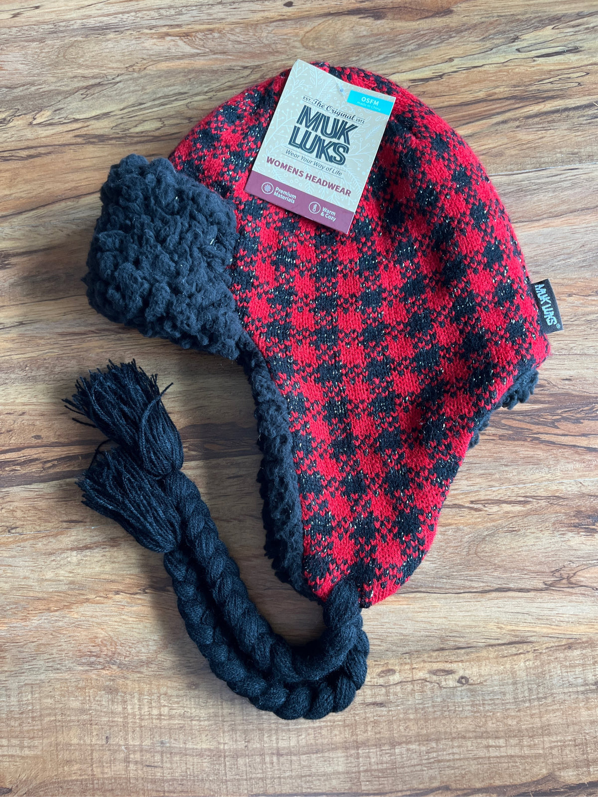 Muk Luks Women's Red and Black Plaid Knit Trapper Hat