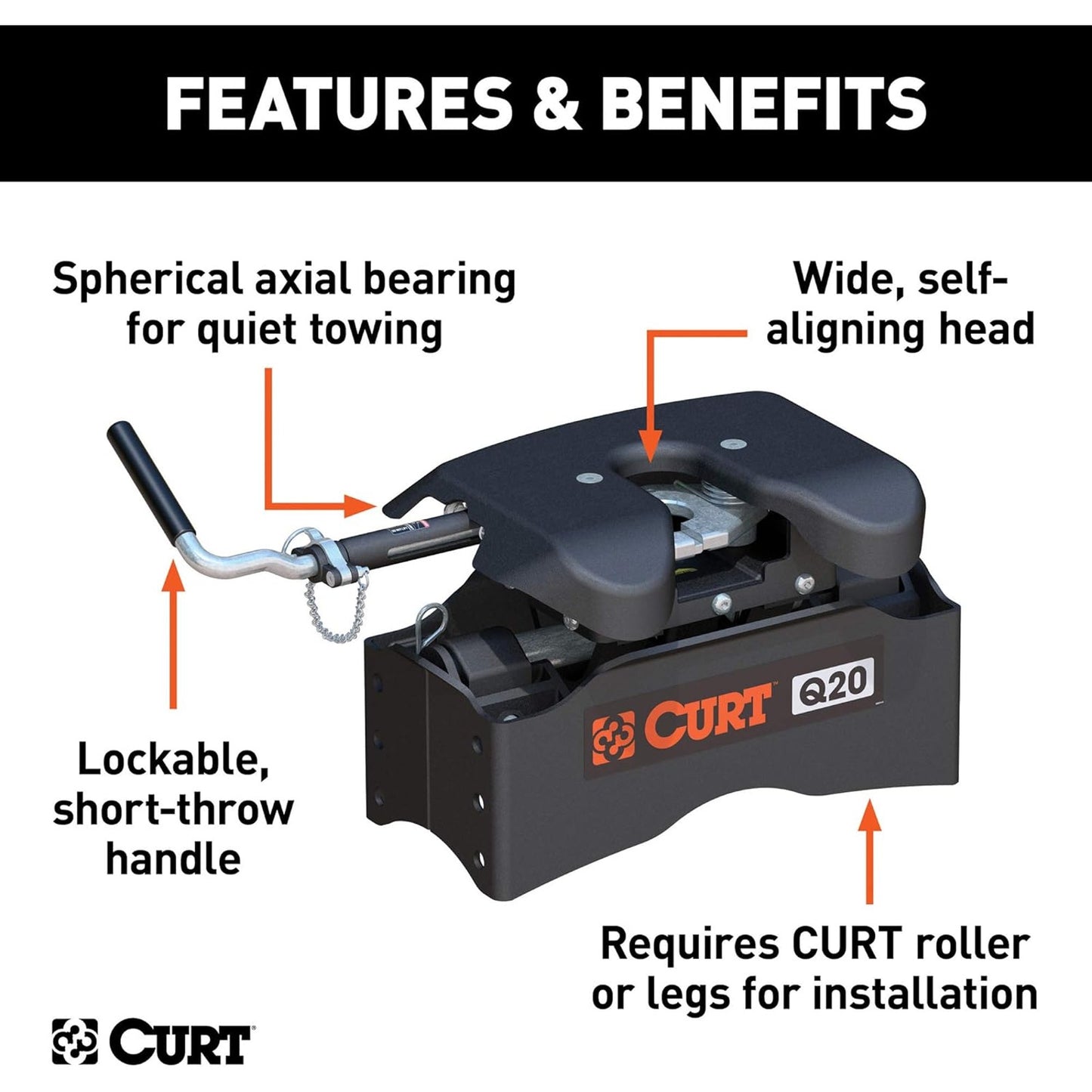CURT Q20 5th Wheel Hitch Head - 20K lbs, Quiet Ride, Easy Operation