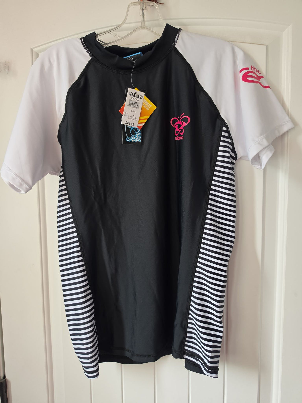 The Realm Women's Short Sleeve Rash Guard Swim Tee - Black/White - Size XL