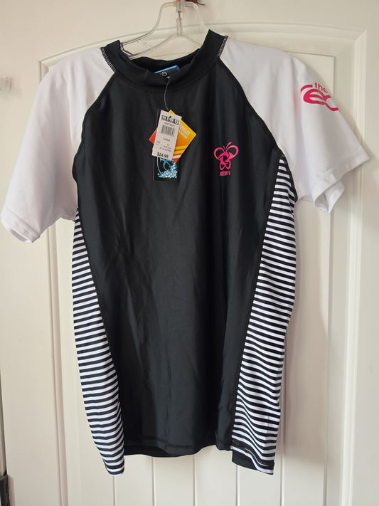 The Realm Women's Short Sleeve Rash Guard Swim Tee - Black/White - Size XL