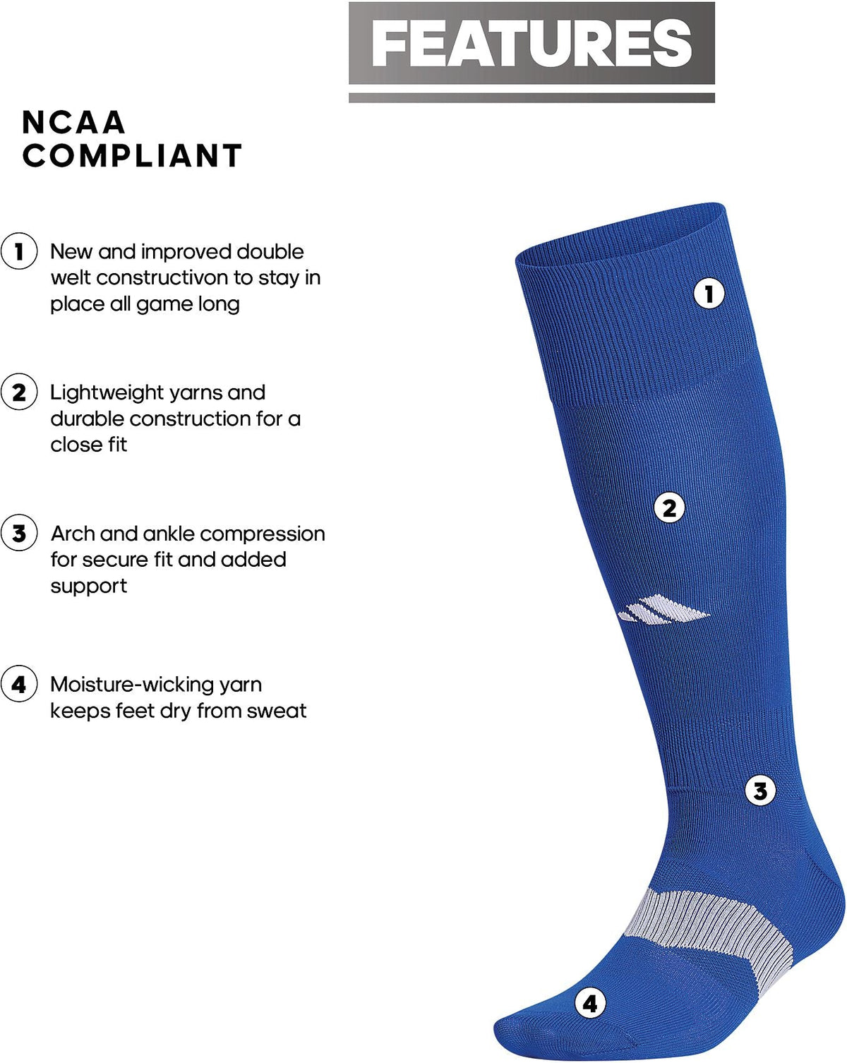 Adidas Unisex Metro VI Soccer Socks - Royal Blue, Large