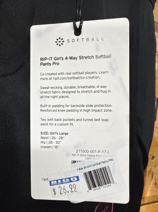 RIP-IT Youth Girls Pro 4-Way Stretch Softball Pants - Black, Size L