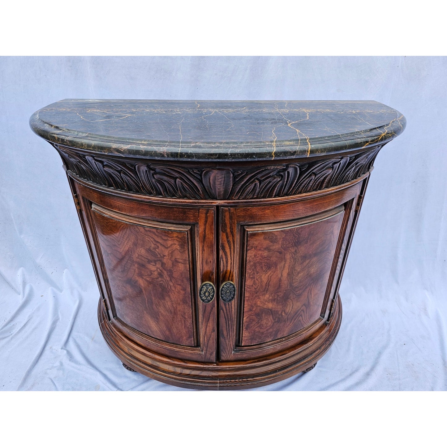 Henredon Mahogany and Marble Burled Demilune Half Circle Nightstands - Pair of 2