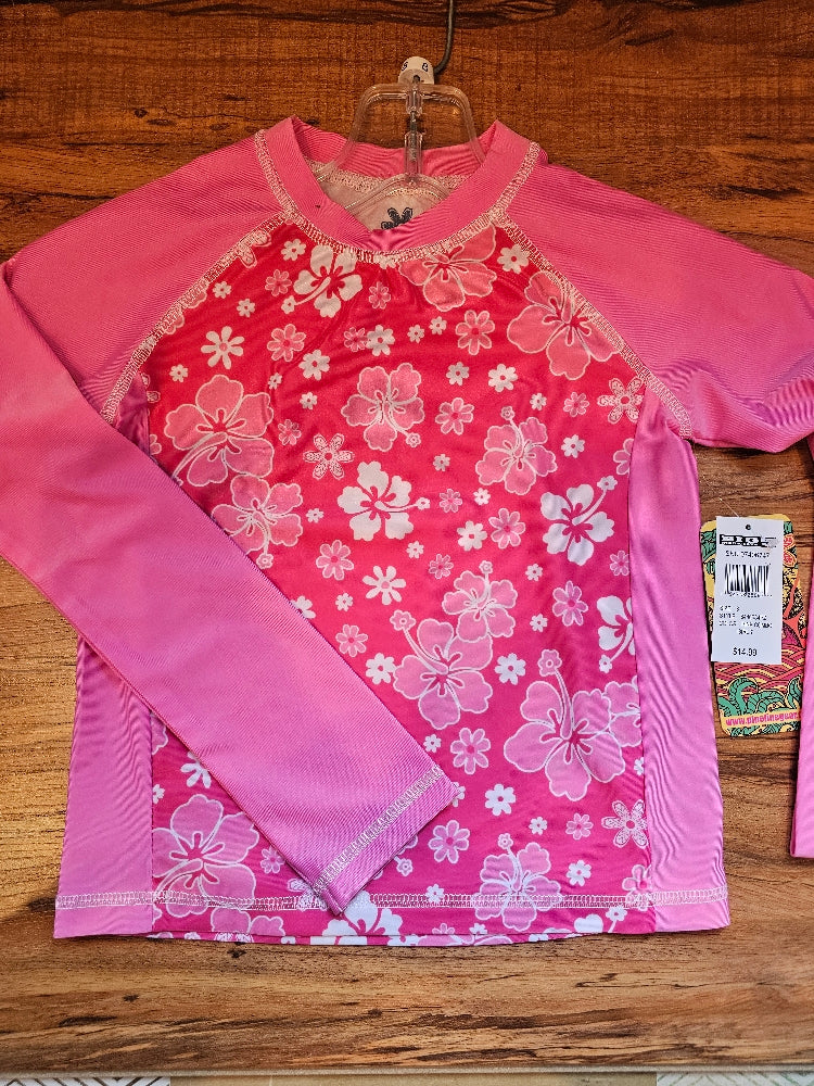 Pipeline Girls' Long Sleeve Rash Guard - UPF 50+ Sun Protection, Pink Floral, Size 8