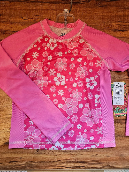 Pipeline Girls' Long Sleeve Rash Guard - UPF 50+ Sun Protection, Pink Floral, Size 8