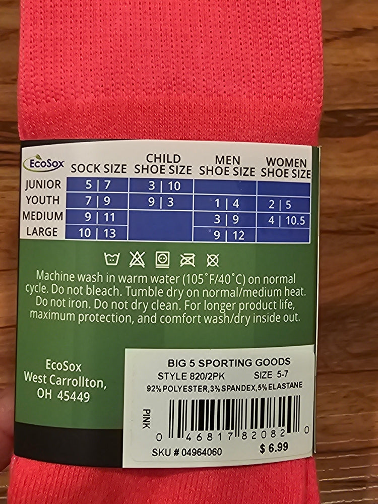 EcoSox Premier Soccer Socks - 2-Pack, Bright Pink, Size 5-7