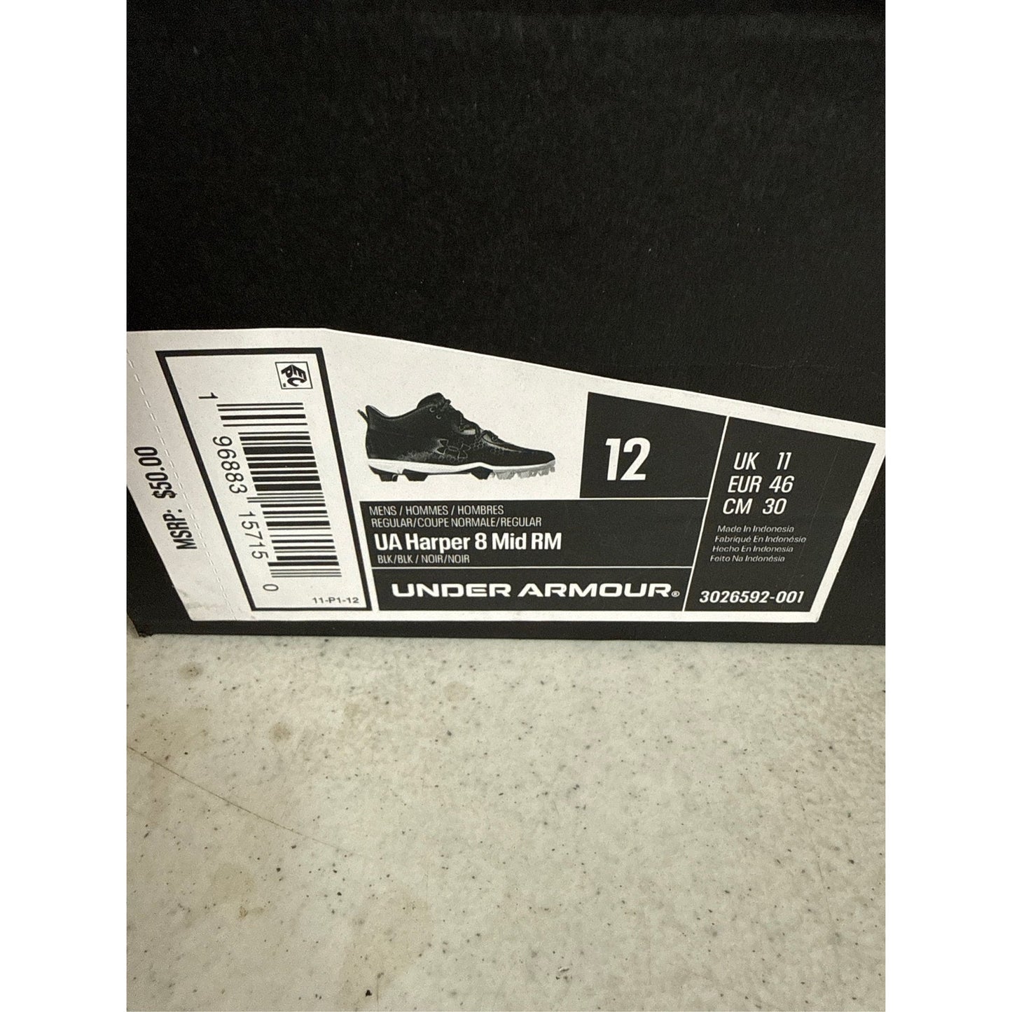 Under Armour Harper 8 Mid RM Baseball Cleats - Size 12, Black/Silver