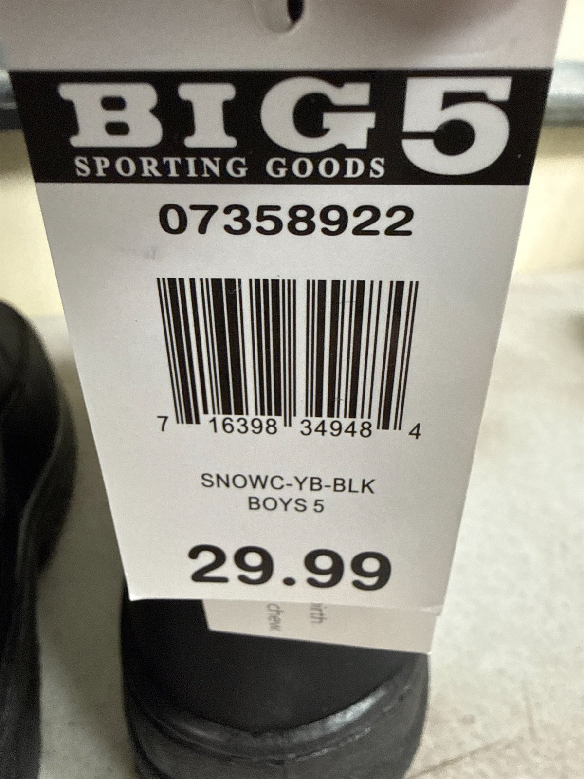 Boys' Black Quilted Winter Snow Boots - Size 5