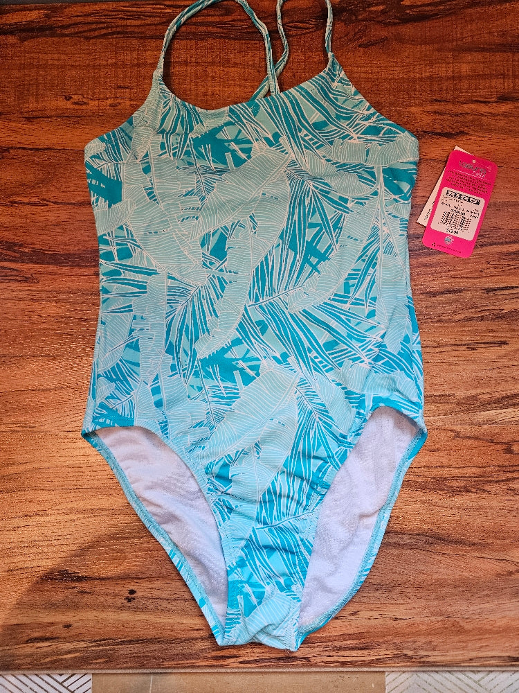 Laguna Girls' One-Piece Swimsuit, Turquoise Palm Print, Size M (10/12)