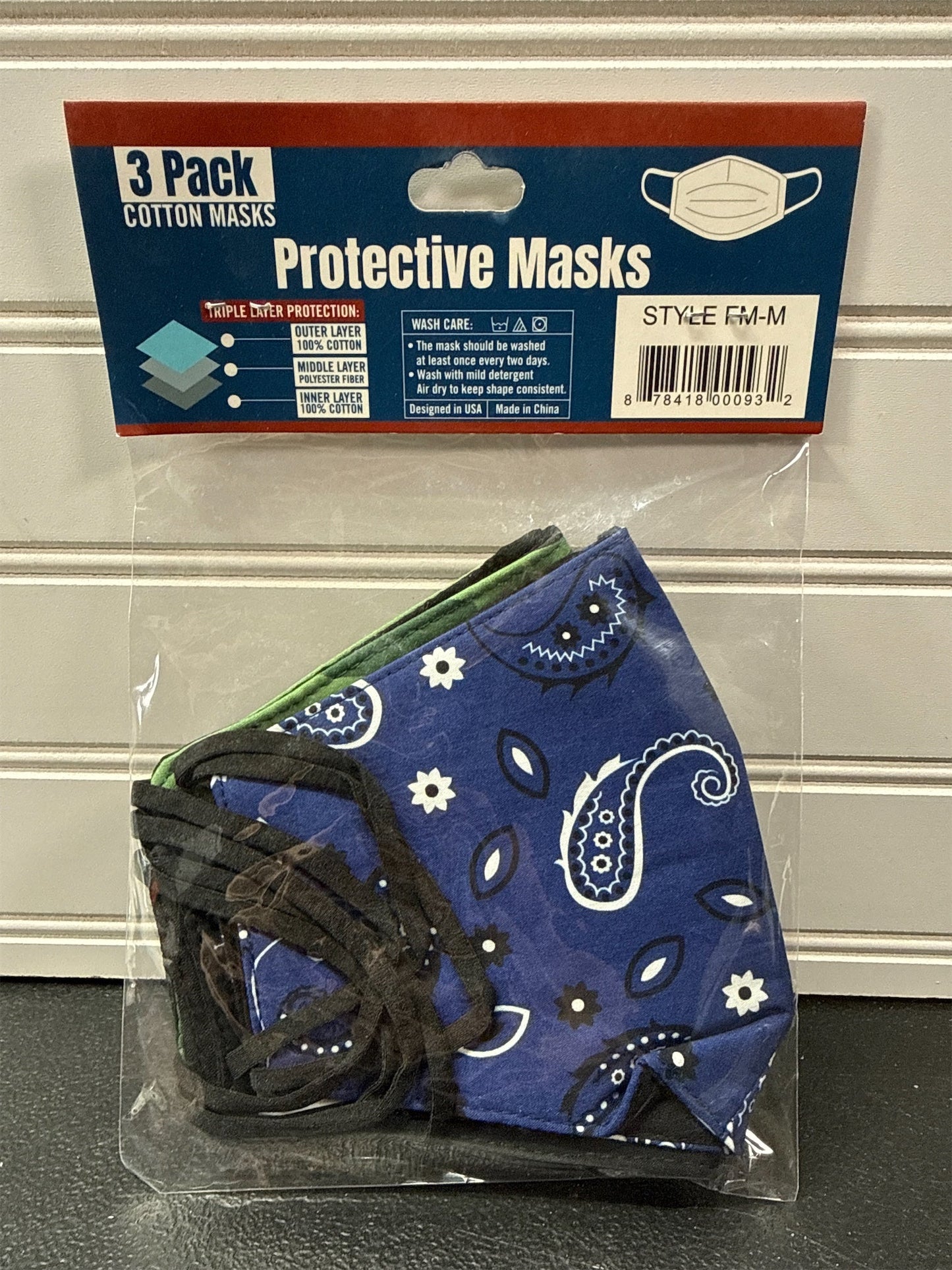 3-Pack Cotton Triple-Layer Protective Face Masks - Printed & Solid - One Size