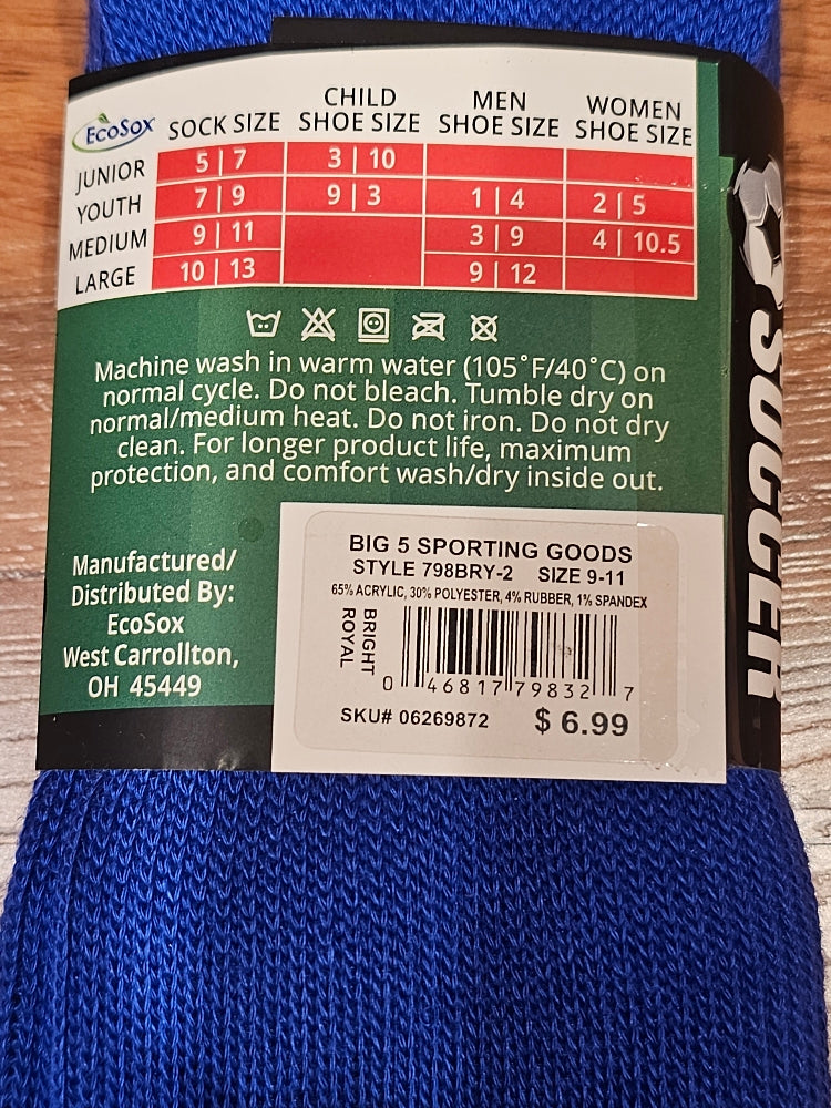 EcoSox Premier Soccer Socks - 2 Pack, Bright Royal Blue, Size 9-11
