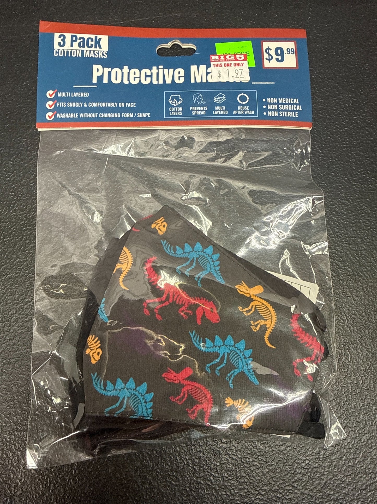 3-Pack Triple-Layer Cotton Face Masks - Dinosaur Skeleton Print - One Size
