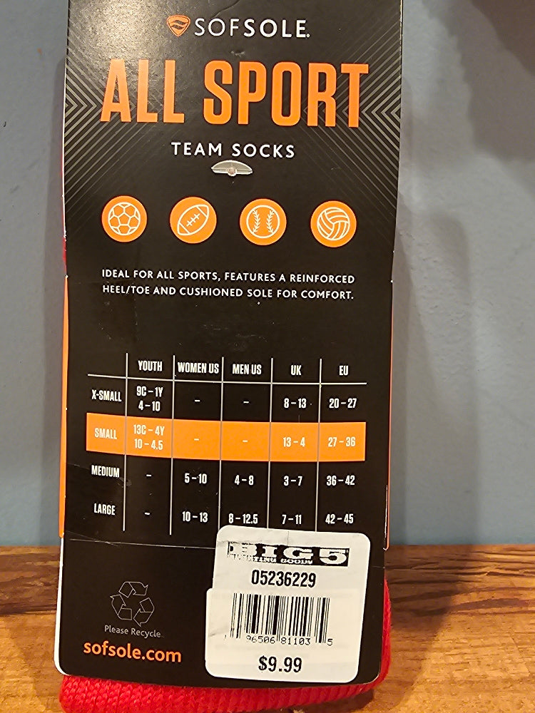 Sof Sole All-Sport Youth Athletic Team Socks - 2 Pack, Red, Small