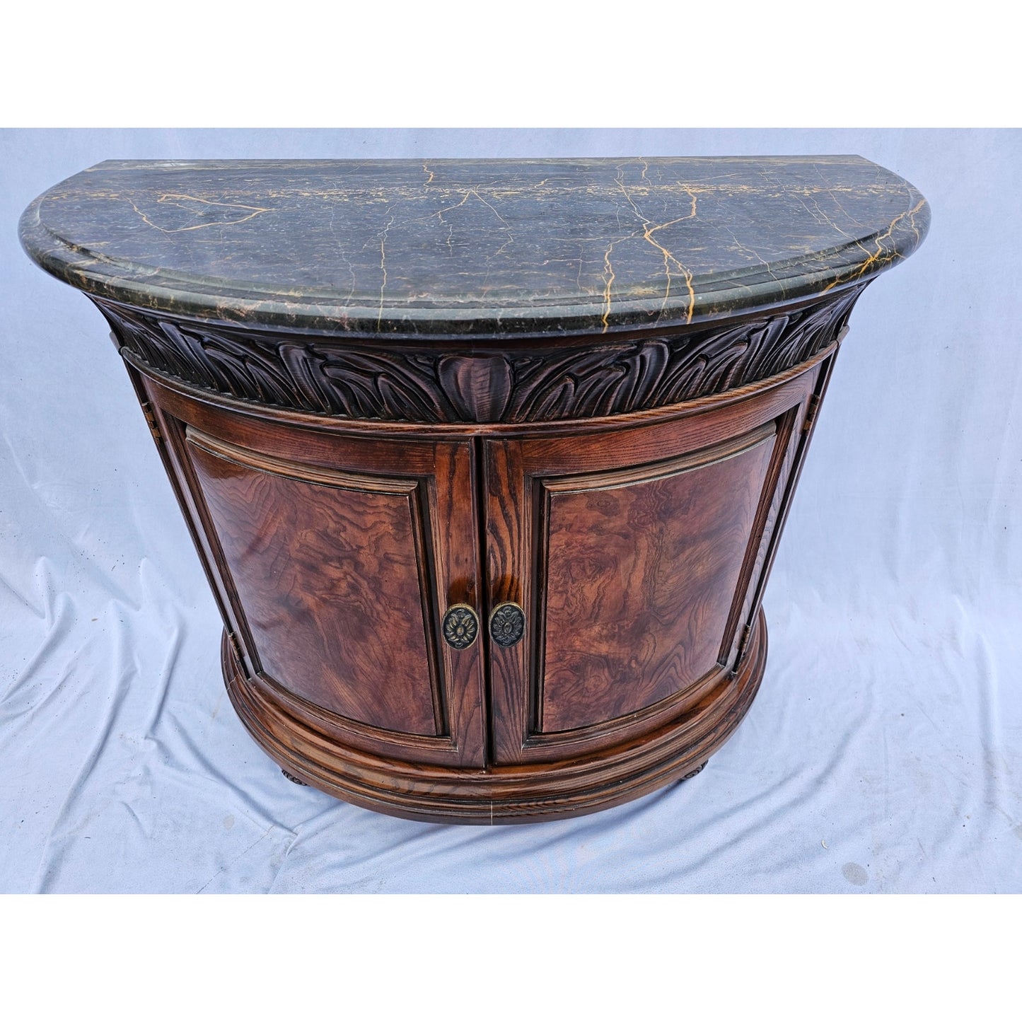 Henredon Mahogany and Marble Burled Demilune Half Circle Nightstands - Pair of 2