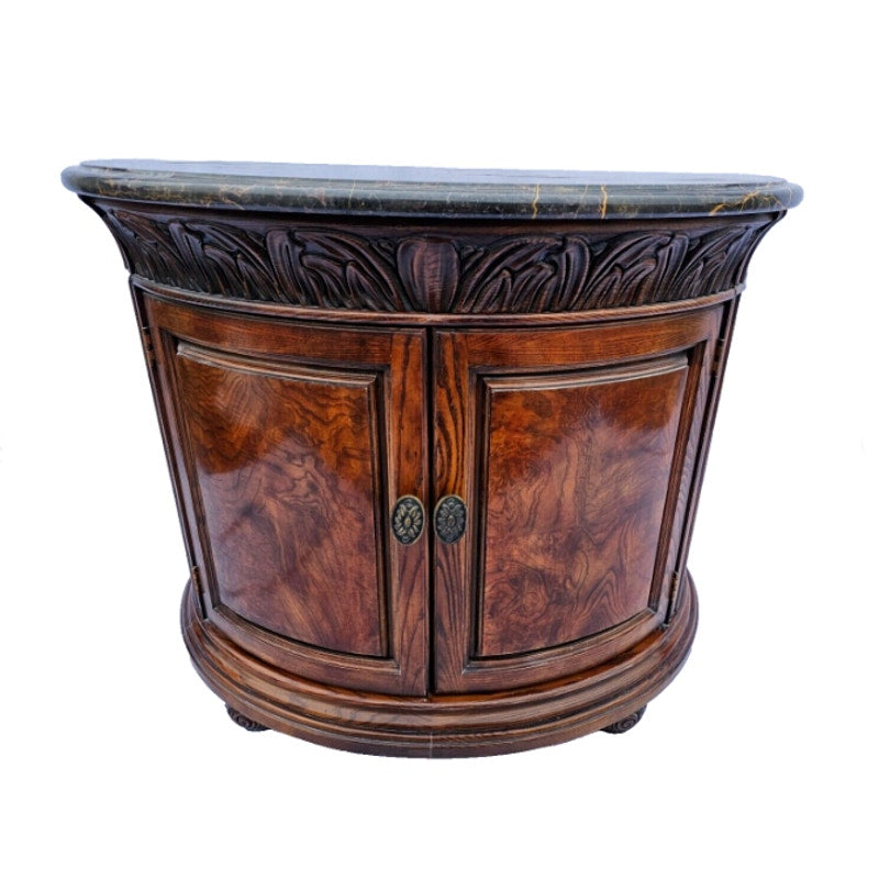 Henredon Mahogany and Marble Burled Demilune Half Circle Nightstands - Pair of 2