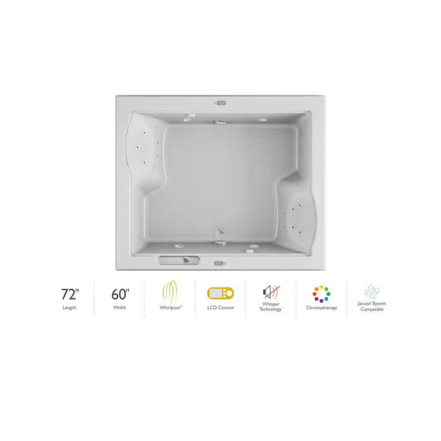Jacuzzi Fuzion KQ35959 72x60 Rectangular Whirlpool Bathtub, Center Drain - White