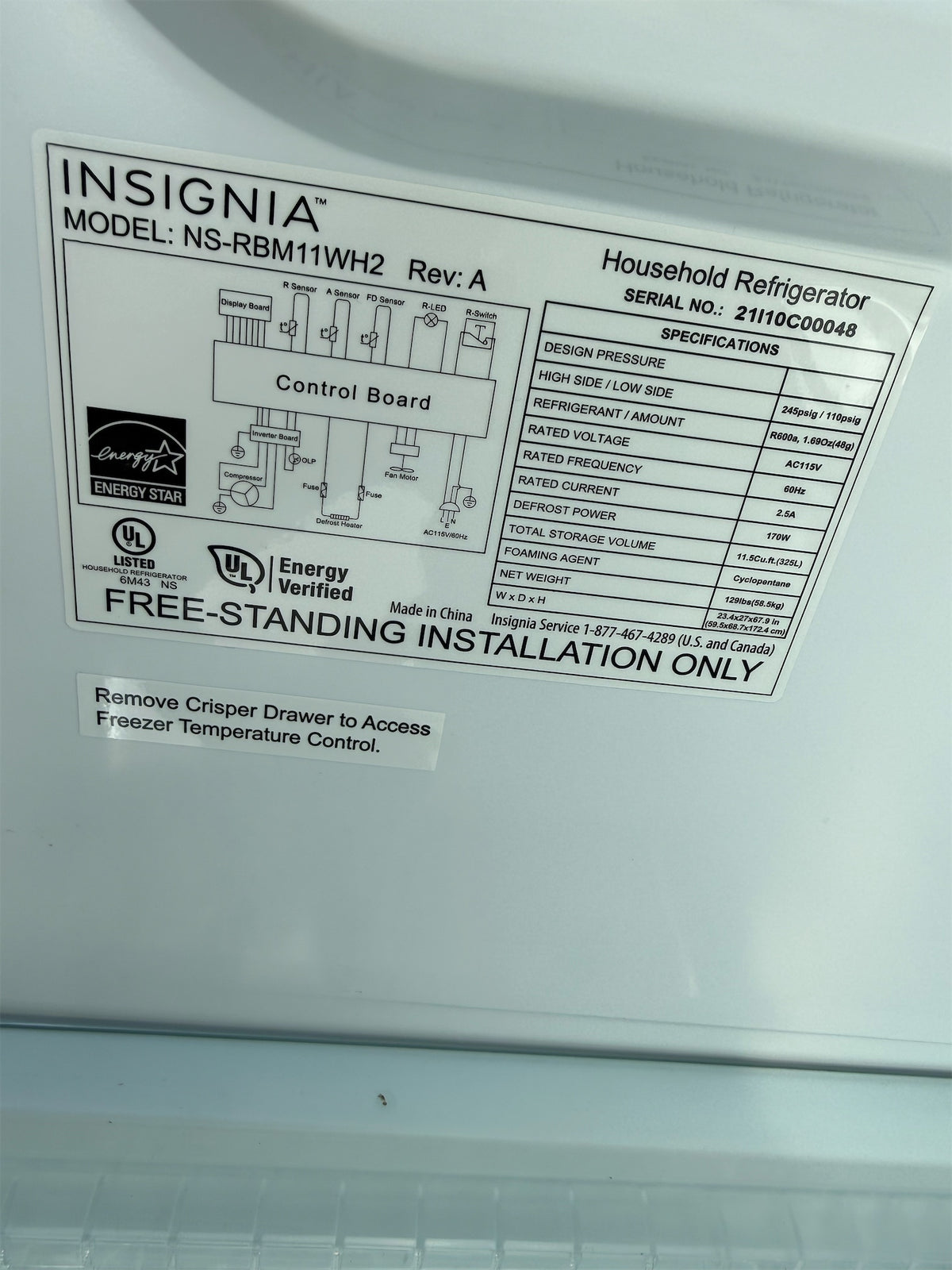 Insignia 11.5 Cu. Ft. Bottom Mount Refrigerator, Energy Star Certified - White