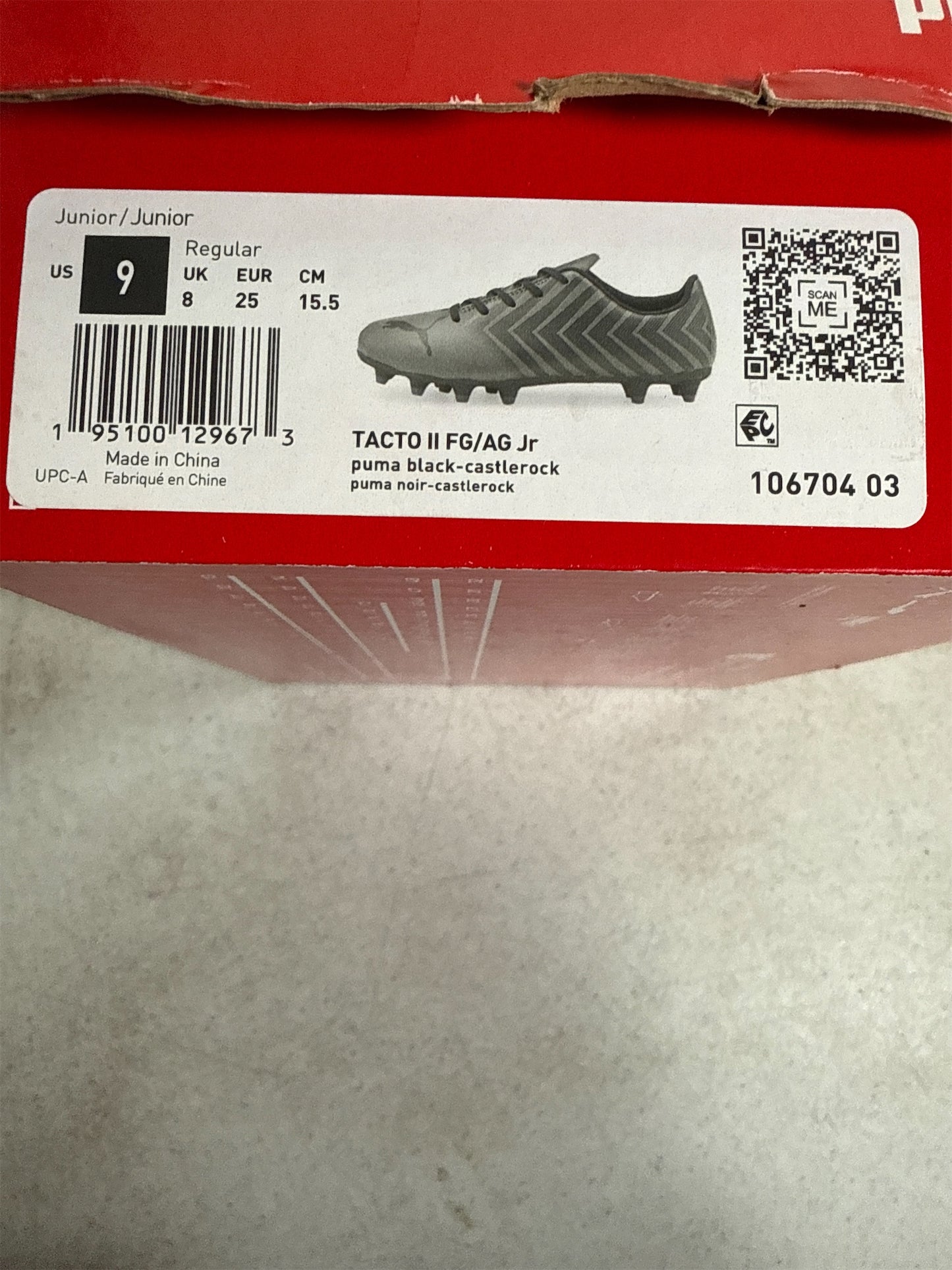 Puma Tacto 2 FG/AG Junior Soccer Cleats - Black/Castlerock, Size 9