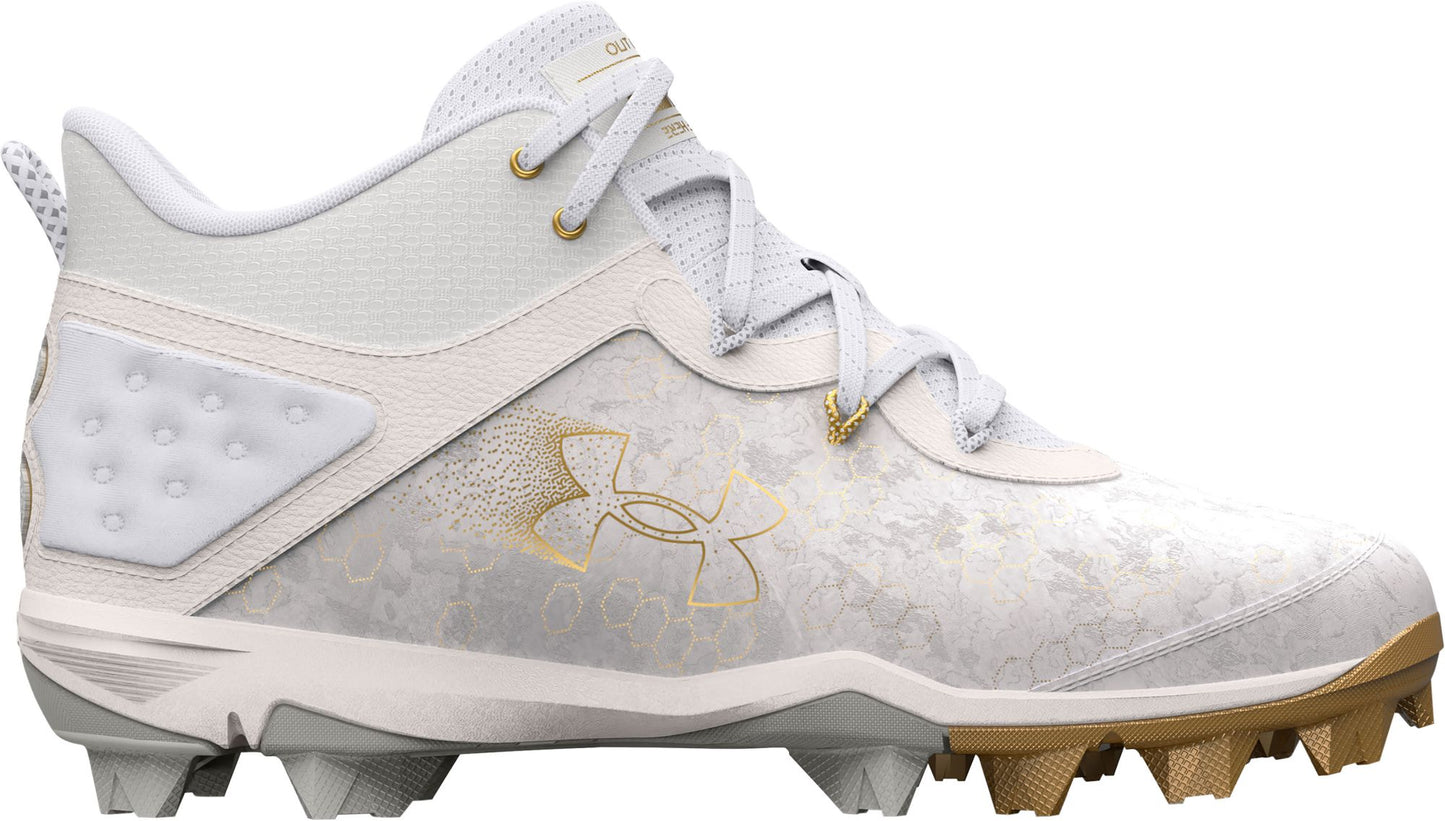 Under Armour Men's Harper 8 Mid RM Baseball Cleats - White/Gold, Size 7