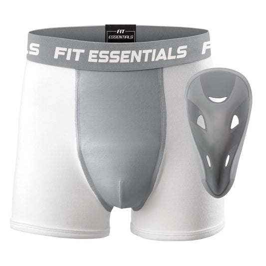 Fit Essentials Youth Boxer Brief with Athletic Cup - White/Gray, Size Medium