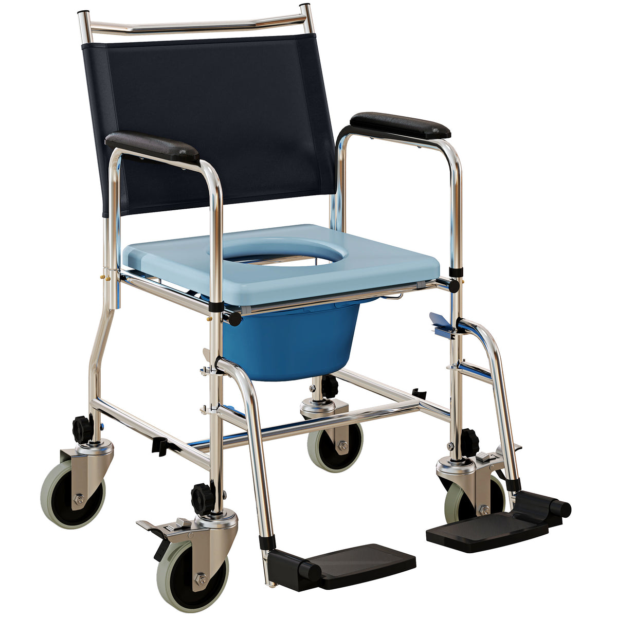 Homcom Rolling Shower Chair and Bedside Commode Wheelchair with Locking Wheels - Black