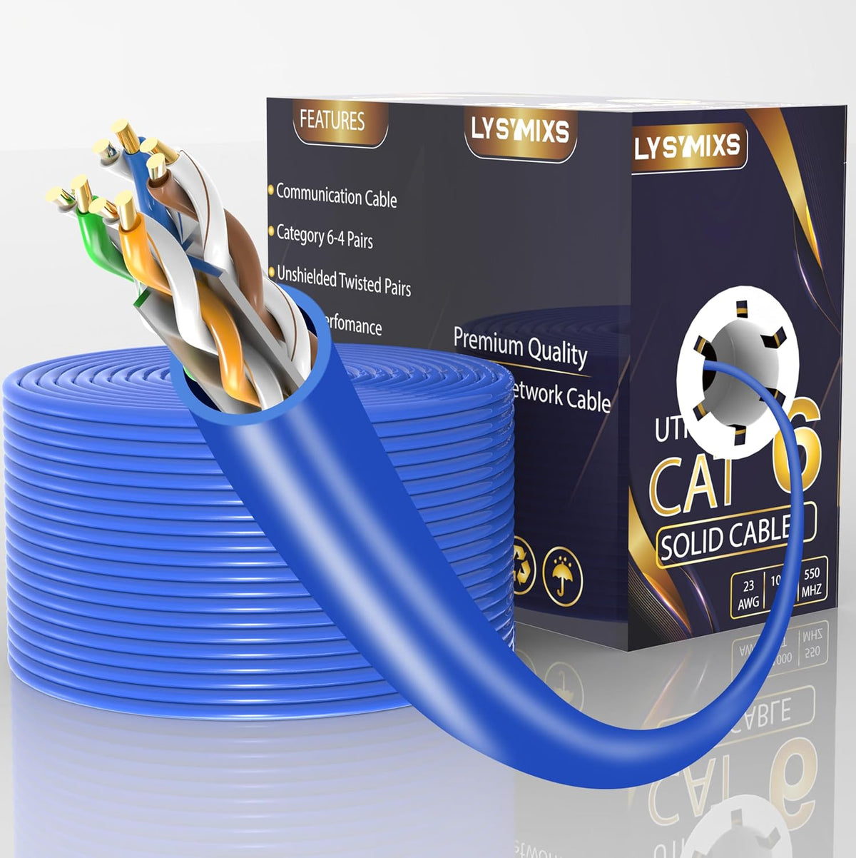 Lysymixs 1000ft Cat6 Ethernet Cable - 10G 550MHz UTP Solid Bulk Cable, Blue