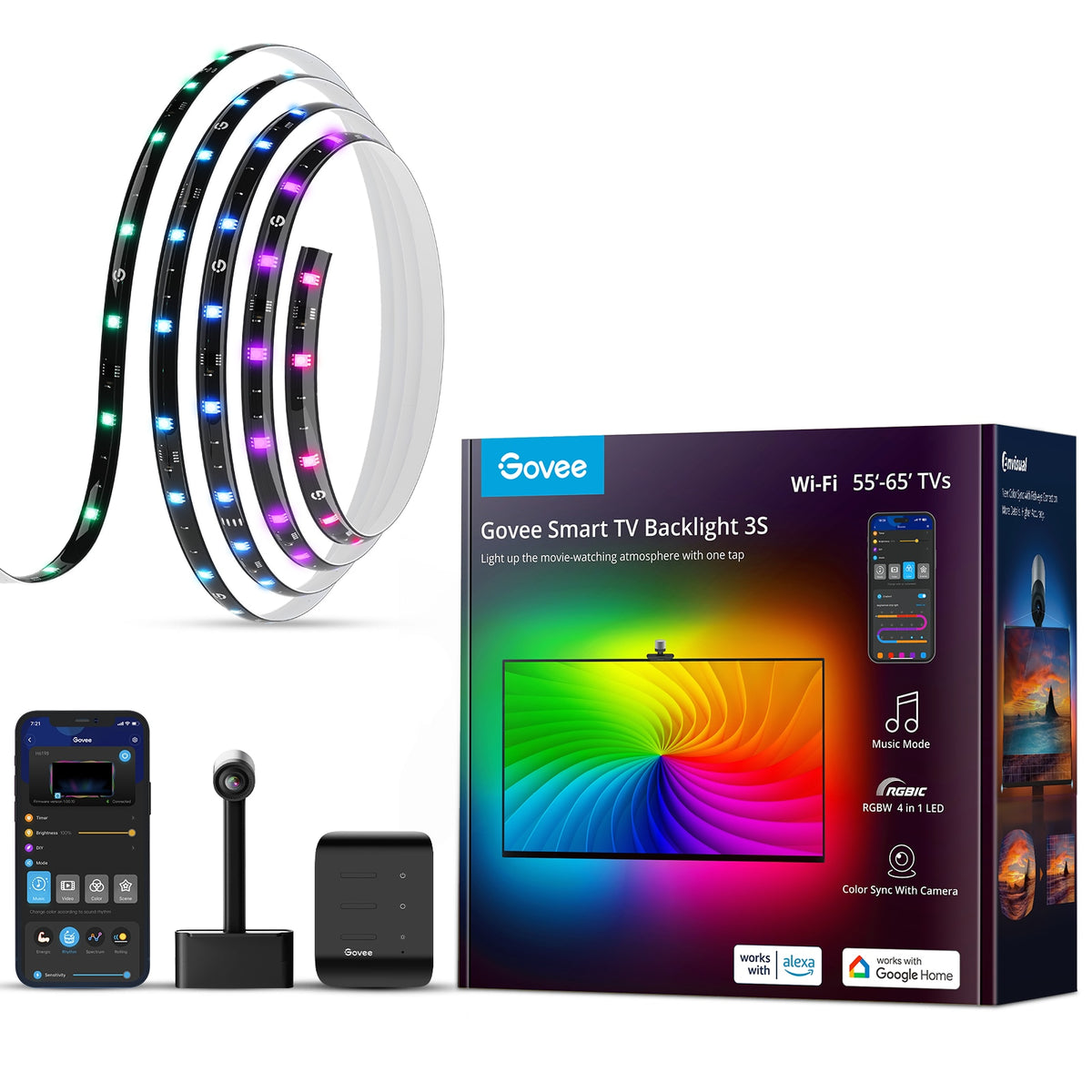 Govee Smart TV Backlight 3S - 11.8ft RGBIC LED Strip Lights for 55-65 inch TVs