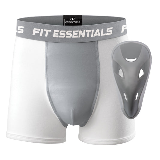 Fit Essentials Kids' Athletic Boxer Briefs with Protective Cup - 2 Pack, White/Gray, Youth Small