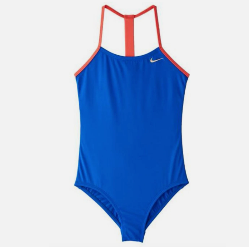 Nike Girls' Solid T-Back One-Piece Swimsuit - Blue, Size L