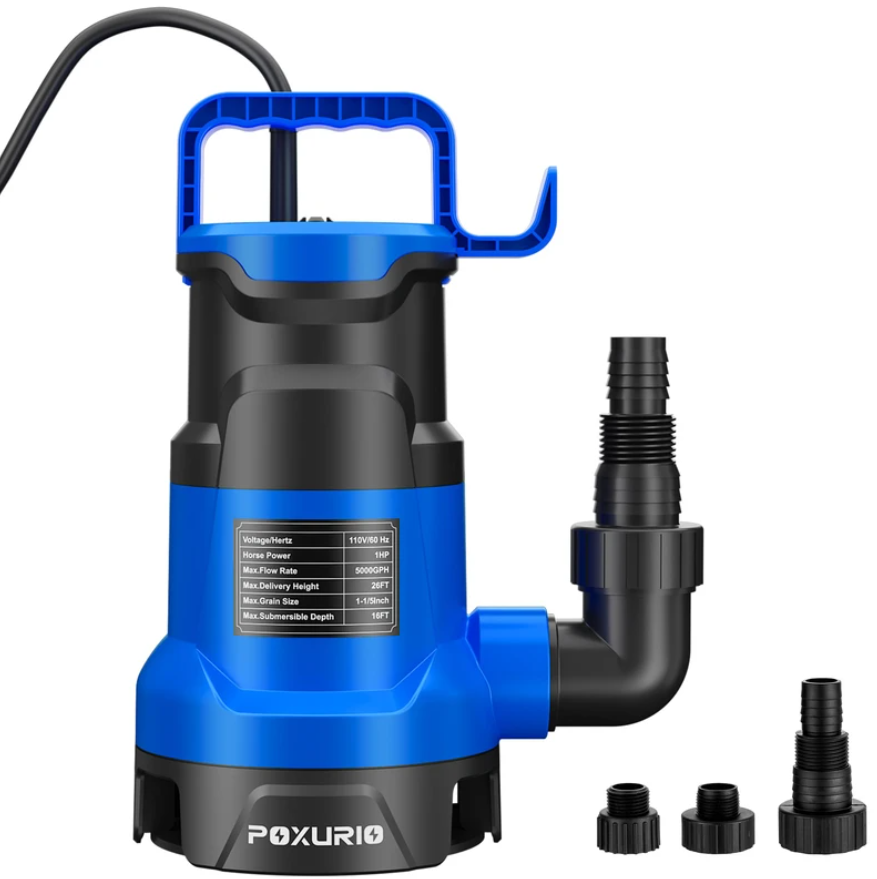 POXURIO 1HP Submersible Sump Pump - 5000 GPH Utility Drain Pump with 16ft Cord